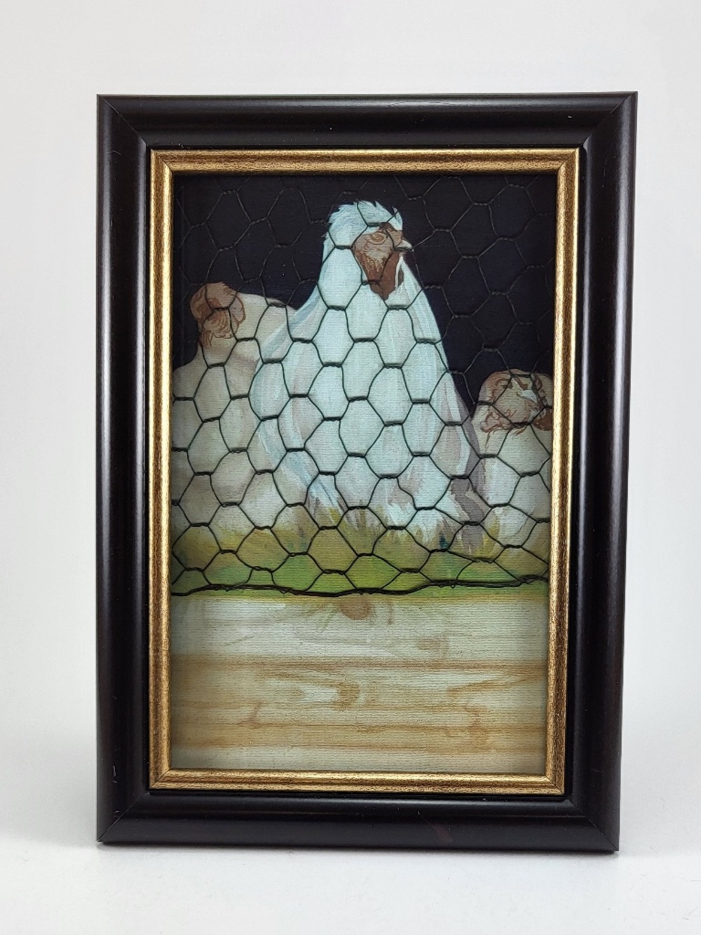 Framed Chicken Wire Painting "Three of a Kind"
